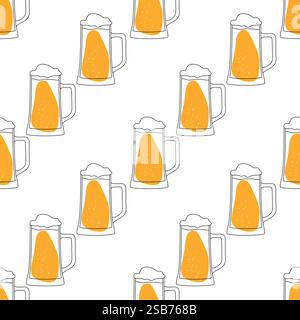 Seamless pattern mugs and glass of beer. Hand drawing for menu, Oktoberfest Festival, beer poster, bar card. Vector. Vector illustration Stock Vector