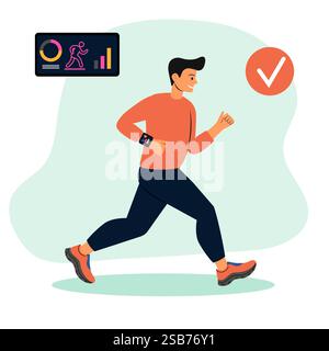 A man is jogging enthusiastically while wearing a fitness tracker on his wrist, with workout data displayed on the screen Stock Vector