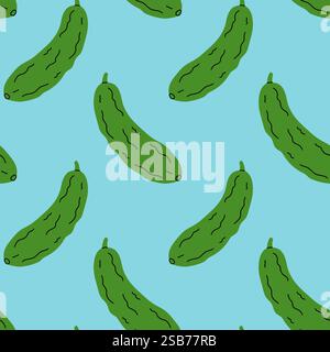 A vibrant design featuring numerous green cucumbers scattered across a light blue background, creating a fun and playful visual effect, ideal for vari Stock Vector