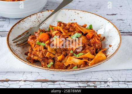 Vegetarian lasagne soup with meatless quorn mince Stock Photo