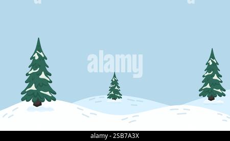 Snowy landscape with evergreen trees under a clear blue sky in winter season Stock Vector