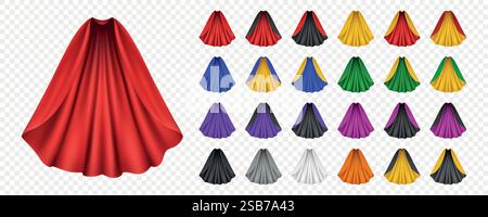 Superhero Cape Vector Set. Realistic Cape, Multiple Colors. Superhero Costume, Superhero Cosplay, Hero Design. Red, Blue, Black, Yellow. Comic Stock Vector