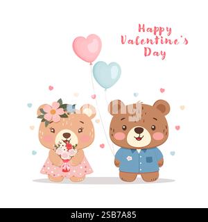 Cute teddy bears with flowers and heart balloons illustration, isolated on white background Stock Vector