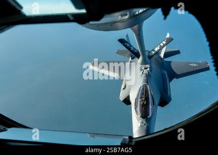 A U.S. Air Force F-35 Lighting II from the 48th Fighter Wing, RAF Lakenheath, England, flown by Maj. Gen. Paul Moga, Third Air Force commander, receiv Stock Photo