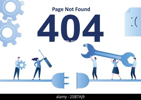 404 error,page not found landing page template. Businesspeople or programmers holding screwdriver and gear. Funny tiny people carry a wrench. Website Stock Vector