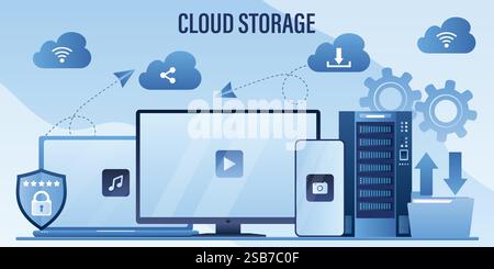 Hosting network service or online database storage system. Cloud storage technology concept. Secure data upload and download. Webpage or landing page Stock Vector