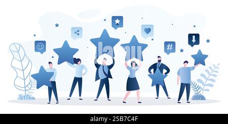 People are holding stars in hands. Feedback consumer or customer review evaluation, satisfaction level and critical icon concept. Various characters r Stock Vector