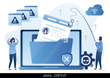 Data phishing concept. Spamming, hacker sends virus infected files and emails. Hacker steals private information. Network piracy danger. Unhappy woman Stock Vector