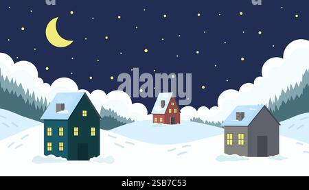 Winter night in a peaceful village with houses under a starlit sky Stock Vector