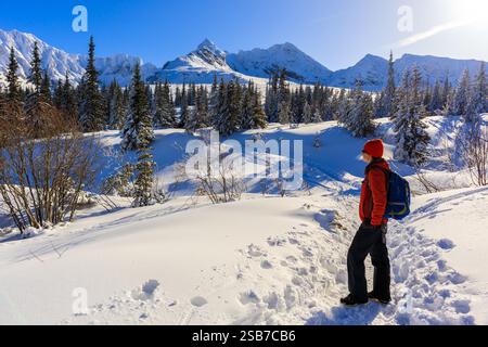 Young woman backpacker on walking trail in Gasienicowa valley during winter time, Tatra Mountains, Poland Stock Photo