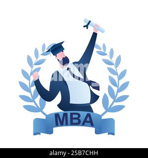 Degrees in education, handsome man student with wreath,diploma and graduation hat. MBA certificate. Isolated on white background. Template for web and Stock Vector