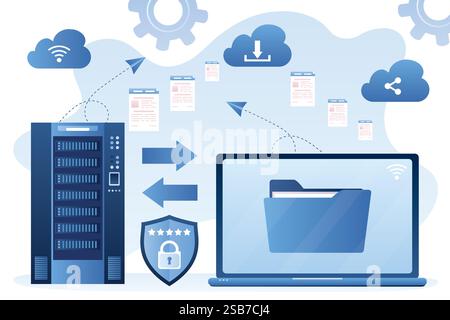 Hosting network service or online database storage system. Cloud storage technology concept. Data protection. Upload and download files. Trendy blue c Stock Vector