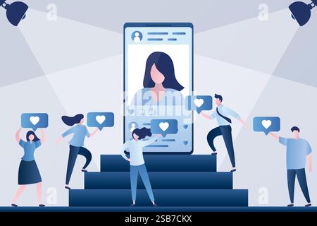Big smartphone on podium. Female account with avatar on screen, people followers gives like and hearts. Social network communication concept. Rank and Stock Vector