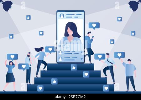 Big smartphone on podium. Female account with avatar on screen, various people followers gives like and hearts. Social network communication concept. Stock Vector