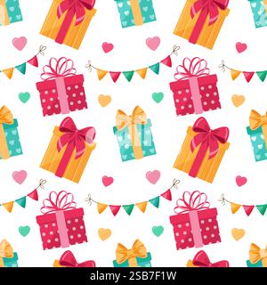 A festive seamless pattern of colorful gift boxes,flags and hearts. For celebrations and special occasions. Endless texture. Vector illustration. Stock Vector