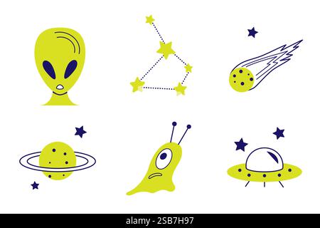 illustration design of a flat UFO icon, a simple vector symbol of an alien ship, alien, space. Stock Vector