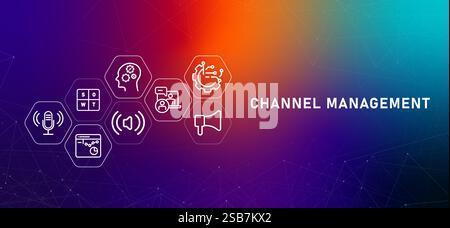 Channel Management gradient header business development company distribution marketing target social media commerce promotion management design icon Stock Vector