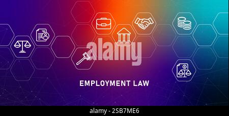 Employment Law gradient header worker rights legal business company social career job employee financial constitutional labor design icon outline set Stock Vector