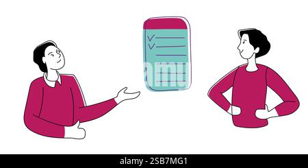 Woman in Pink Shirt Talking to Man in Red Shirt Stock Vector