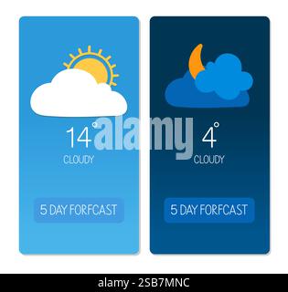 Weather forecast display showing cloudy conditions and temperatures for the week ahead Stock Vector
