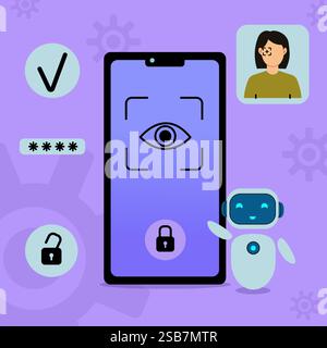 A smartphone displays a fingerprint scanner with a hand hovering above it.  Stock Vector