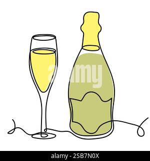 A minimalist sketch of a champagne bottle and glass with bubbly drink sitting on a table Stock Vector