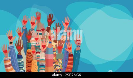 Banner whit raised hands of multicultural volunteer people holding a heart. Charity and solidarity donation.Community of volunteers. Voluntary concept Stock Vector