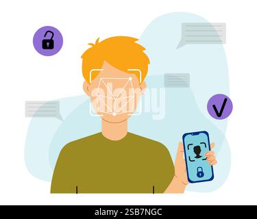 Man Using Facial Recognition on Smartphone Stock Vector