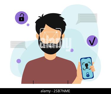 Man Using Facial Recognition on Smartphone Stock Vector