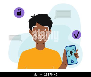 Man Using Facial Recognition on Smartphone Stock Vector