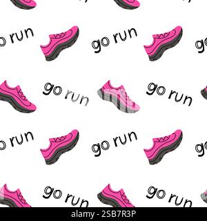 Bright pink running shoes pattern with motivational text on a white background Stock Vector