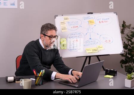 Senior businessman analyzing financial data on laptop, representing strategy planning and investment decision-making. Stock Photo