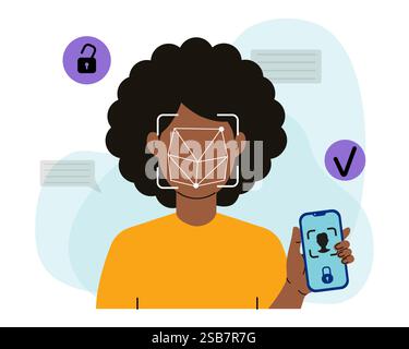 Man Using Facial Recognition on Smartphone Stock Vector