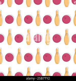 Seamless pattern with bowling shoes, pins and bowls. Sports theme. Bowling club Center  Stock Vector