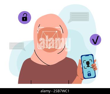 Woman Using Facial Recognition on Smartphone Stock Vector