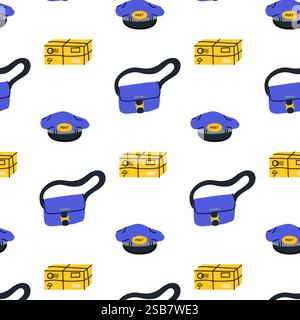 Colorful pattern featuring postal boxes and mail bags on a white background Stock Vector