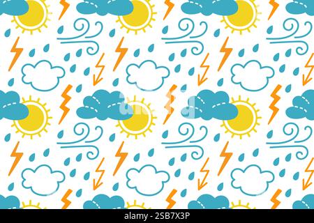 Colorful weather pattern featuring sun, clouds, rain, and lightning in a playful design Stock Vector