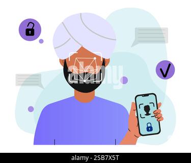 Man Using Facial Recognition on Smartphone Stock Vector