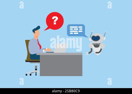 Corporate businessman and humanoid AI robot sitting at desk and working together Stock Vector