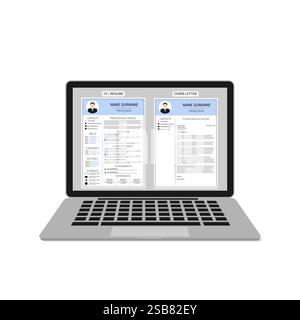 Resume template on laptop screen. Male CV and cover letter. Minimalistic  curriculum vitae design. Employment, recruitment, human resources management Stock Vector