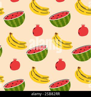 Colorful fruit pattern featuring bananas, watermelon, and pomegranates on a light background Stock Vector