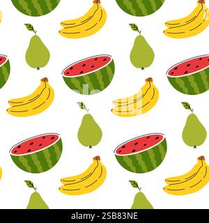 Colorful fruit pattern featuring bananas, pears, and watermelons against a white background Stock Vector