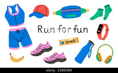 Fun running gear and essentials for a lively outdoor workout experience Stock Vector