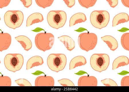 Colorful peach pattern with whole and sliced fruits on a white background Stock Vector