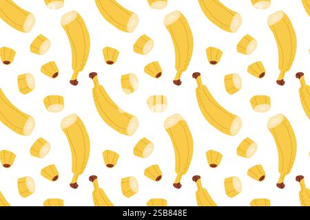 Colorful banana pattern on a white background featuring whole and peeled bananas Stock Vector