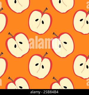 Pattern design featuring cut apple slices against a vibrant orange background Stock Vector