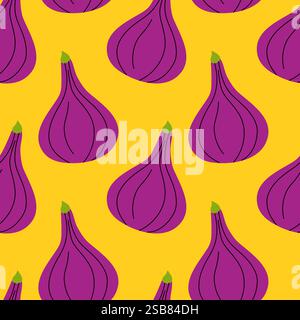 Colorful purple onions pattern on a bright yellow background showcasing a vibrant design Stock Vector