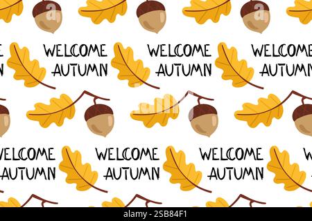 Welcome Autumn Acorn and Oak Leaf Pattern Stock Vector