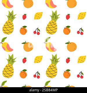 Colorful fruit pattern featuring pineapples, strawberries, and lemons on a white background Stock Vector