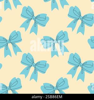 Blue bows are arranged in a repeating pattern on a light yellow background. Stock Vector
